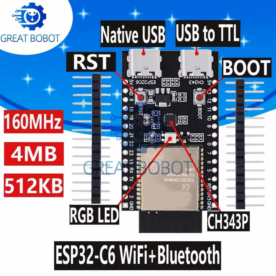 ESP32 / ESP32-C6 WiFi + Bluetooth Интернет вещей Двойная плата разработки Type-C Основная плата ESP32-C6-DevKit C N16R8