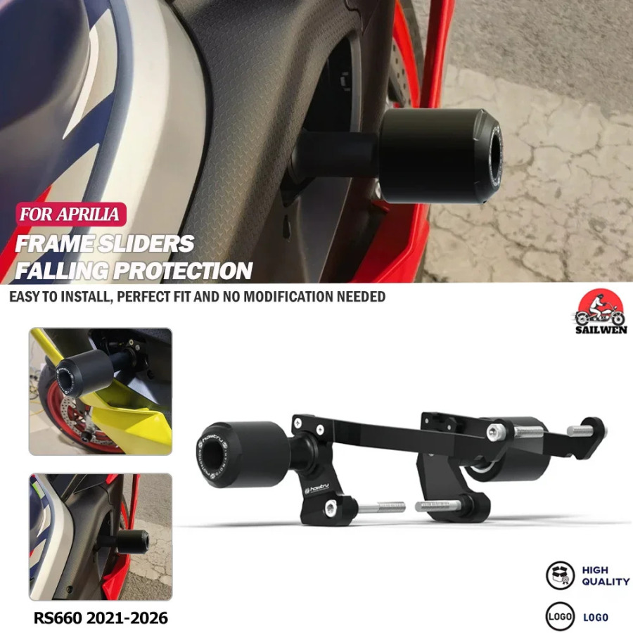 Aprilia RS660 2021-2026 mototsiklning tushishidan himoya qiluvchi dvigatel ramkasi slayderi qoʻriqchisi yon himoyasi uchun javob beradi