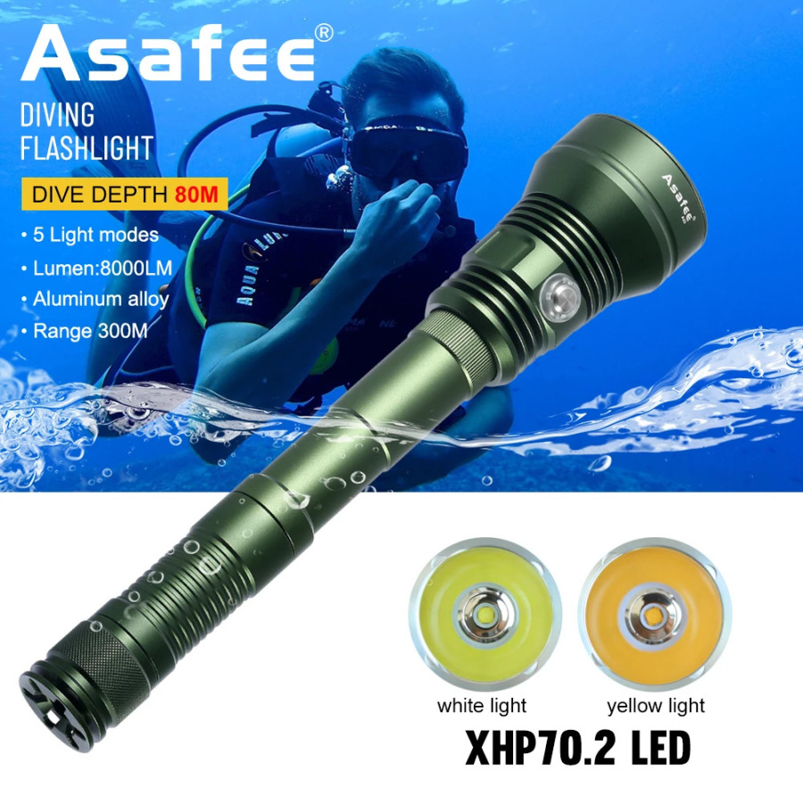 Мощный подводный фонарь Asafee A33 для охоты, перезаряжаемый, водонепроницаемый, для дайвинга и подводной охоты
