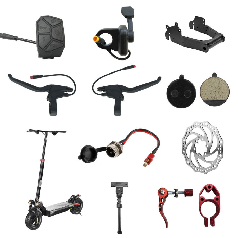 iScooter iX3 va iX4 Scooter qismlari: tezlatgich, tormoz prokladkalari, tormoz dastagi, zaryadlash porti, ehtiyot qismlar va aksessuarlar.