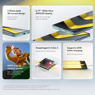Global versiya POCO M8 5G mobil telefoni, Snapdragon ® 6 Gen 3 smartfoni, 6,77 dyuymli AMOLED oqim displeyi, 5520 mA/soat batareya, 45 Vt, NFC