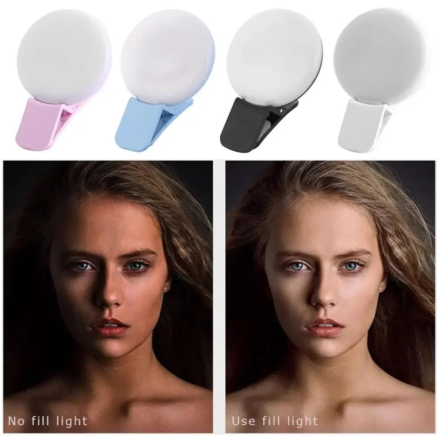 Portativ mini LED selfi halqali yorugʻlik uchta yorqinlik rejimiga ega, bardoshli va amaliy, telefon klipi bilan, suratga olish uchun