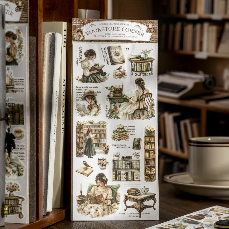Kitob doʻkoni burchak oʻtkazmalari uchun stikerlar toʻplami (1 toʻplam) Kitob doʻkoni seriyasi jurnal yozish uchun Scrapbooking kollaj