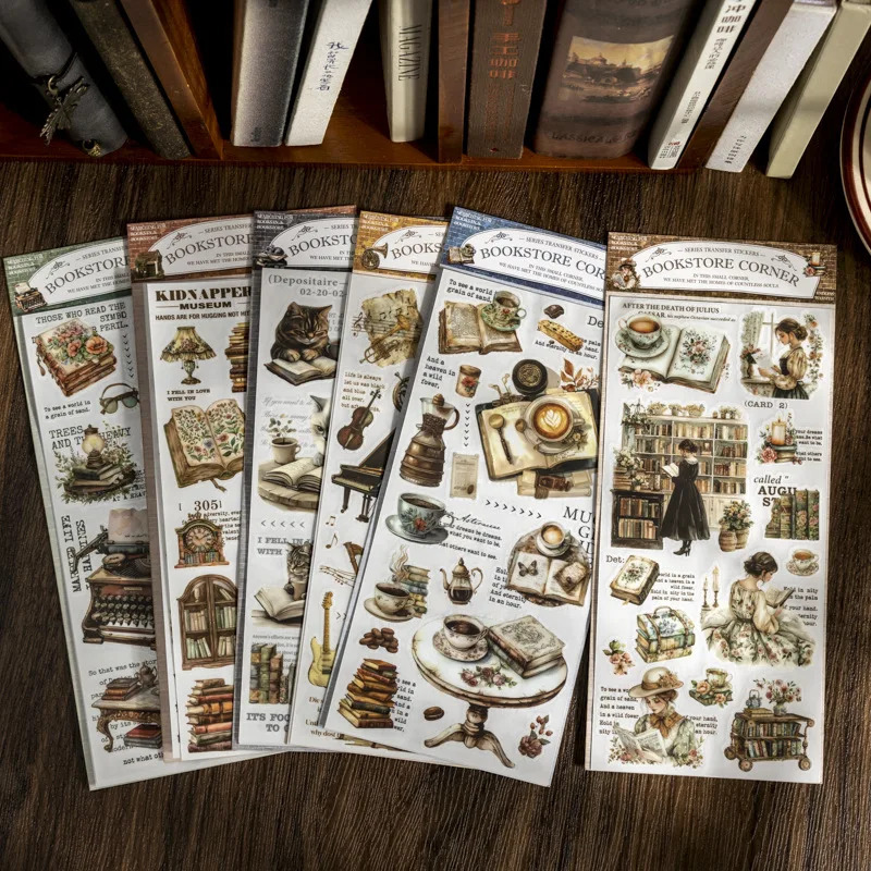 Kitob doʻkoni burchak oʻtkazmalari uchun stikerlar toʻplami (1 toʻplam) Kitob doʻkoni seriyasi jurnal yozish uchun Scrapbooking kollaj