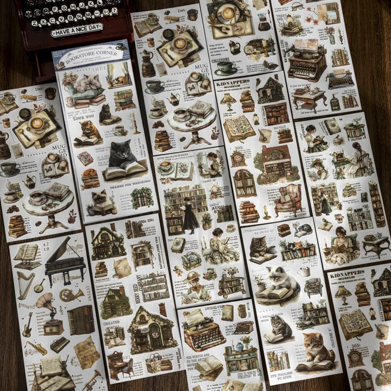 Kitob doʻkoni burchak oʻtkazmalari uchun stikerlar toʻplami (1 toʻplam) Kitob doʻkoni seriyasi jurnal yozish uchun Scrapbooking kollaj