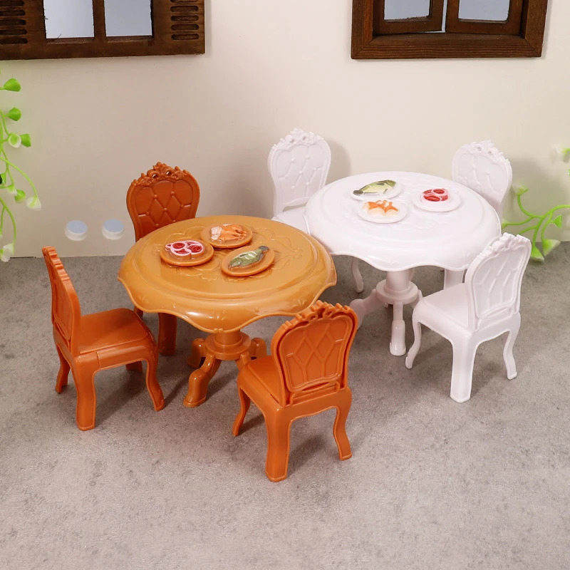Dollhouse aksessuarlari: 1:12 miniatyura ovqat stoli stullari; Yashash xonasini bezash uchun yumaloq mebel toʻplami.