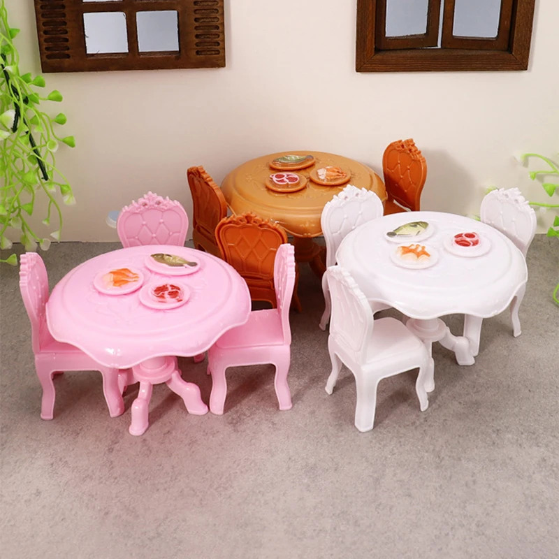 Dollhouse aksessuarlari: 1:12 miniatyura ovqat stoli stullari; Yashash xonasini bezash uchun yumaloq mebel toʻplami.