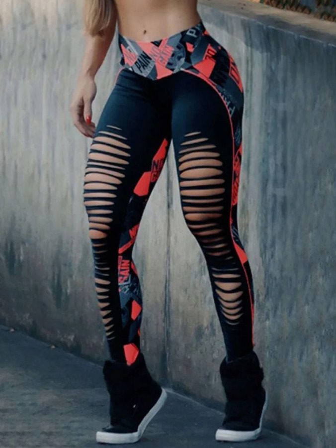 Ayollar kiyimlari Moda bosilgan ichi boʻsh sport leggings Casual bosma oʻralgan shimlar Sweatpants Ayollar uchun Qora