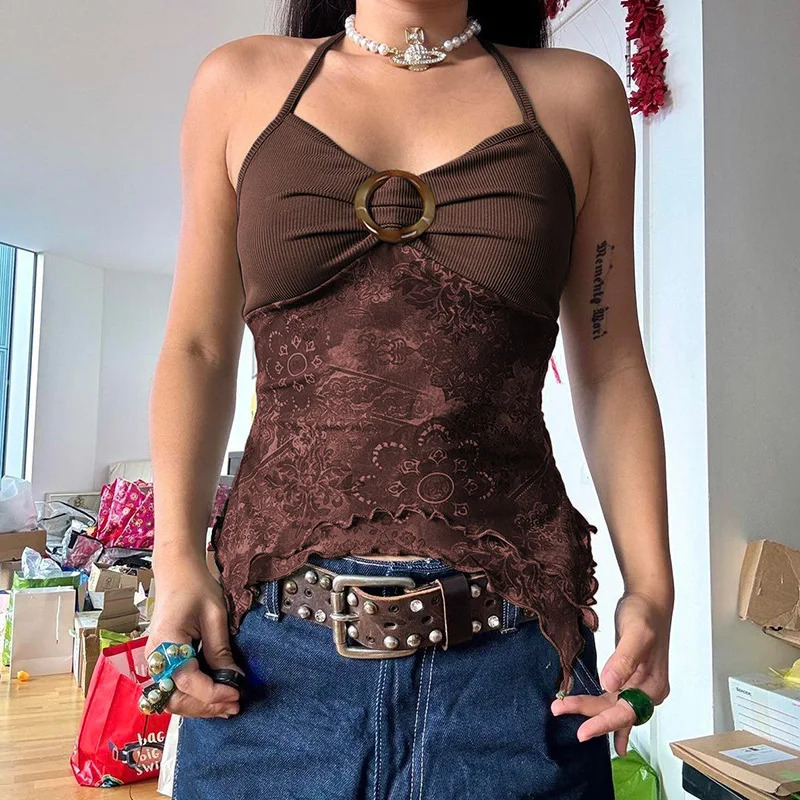 Ayollar yozgi taʻtil kiyimlari Y2K kamzuli orqasiz xaltali galstuk assimetrik tops Retro oʻrmon yashil bosma boho uslubida