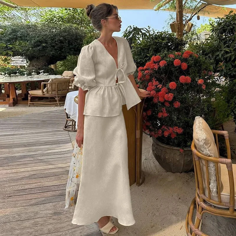 Женская одежда, новинка лета 2025 года, модный комплект с рукавами-пузырьками и v-образным вырезом на шнуровке, топ с высокой талией и юбкой