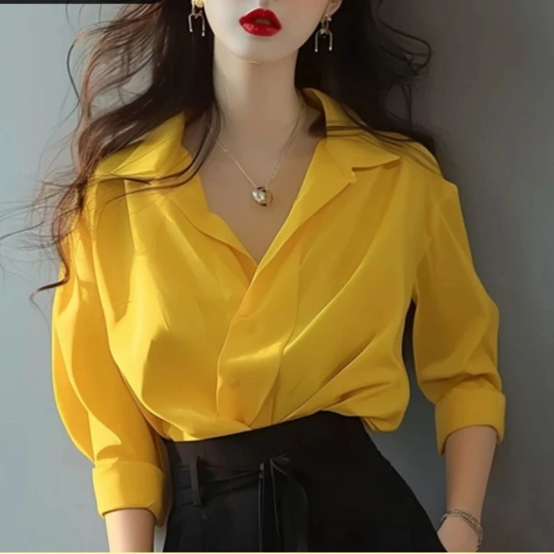 Ayollar kiyimlari oddiy oqlangan yoshlik bluzkasi bahorgi yangi qattiq koʻp qirrali moda uzun yengli polo koʻylak trendi yoqimli toplar