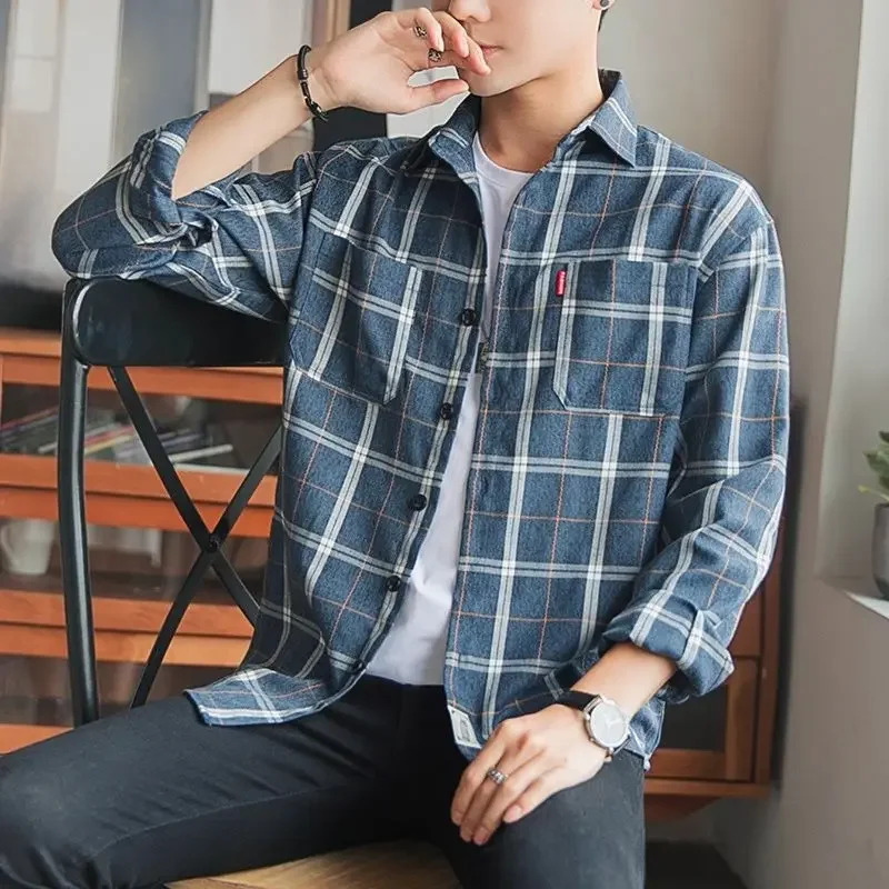Choʻntakli erkaklar uchun koʻylaklar va bluzkalar Plaid kiyim Erkaklar topslari Qizil yuk geometrik yeng S boʻyin koreys uslubi Xxl Hipster I