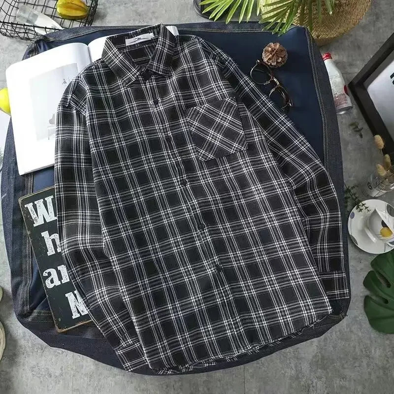 Choʻntakli erkaklar uchun koʻylaklar va bluzkalar Plaid kiyim Erkaklar topslari Qizil yuk geometrik yeng S boʻyin koreys uslubi Xxl Hipster I