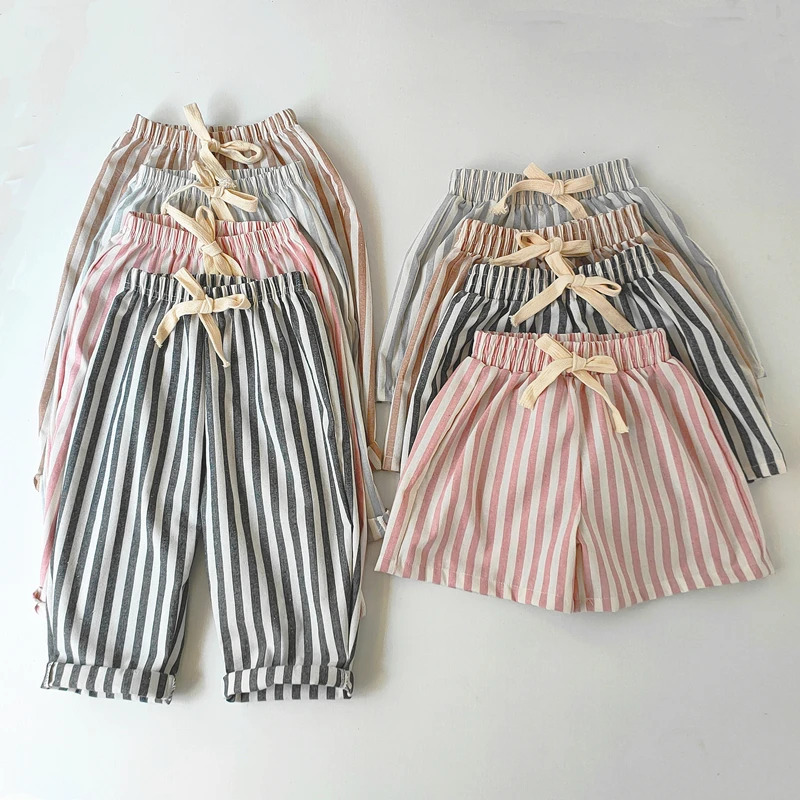 Bolalar kiyimlari Vintage Zigʻir paxta chiziqli shimlar Casual Chaqaloqlar Oʻgʻil bolalar Qizlar uchun Bahorgi Yozgi Boʻsh Shimlar va Qizlar uchun Shortslar