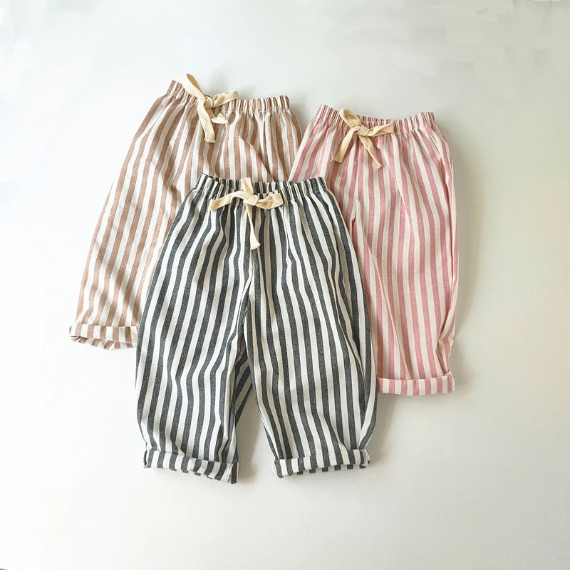 Bolalar kiyimlari Vintage Zigʻir paxta chiziqli shimlar Casual Chaqaloqlar Oʻgʻil bolalar Qizlar uchun Bahorgi Yozgi Boʻsh Shimlar va Qizlar uchun Shortslar