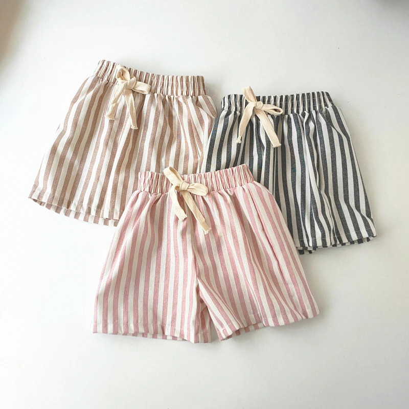 Bolalar kiyimlari Vintage Zigʻir paxta chiziqli shimlar Casual Chaqaloqlar Oʻgʻil bolalar Qizlar uchun Bahorgi Yozgi Boʻsh Shimlar va Qizlar uchun Shortslar