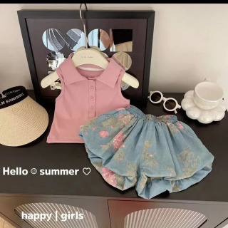 Qiz bolalar kiyimlari toʻplami - yengsiz top + jinsi shortilar, moda yozgi liboslar, trikotaj, paxta, poliester Розовый 4Т