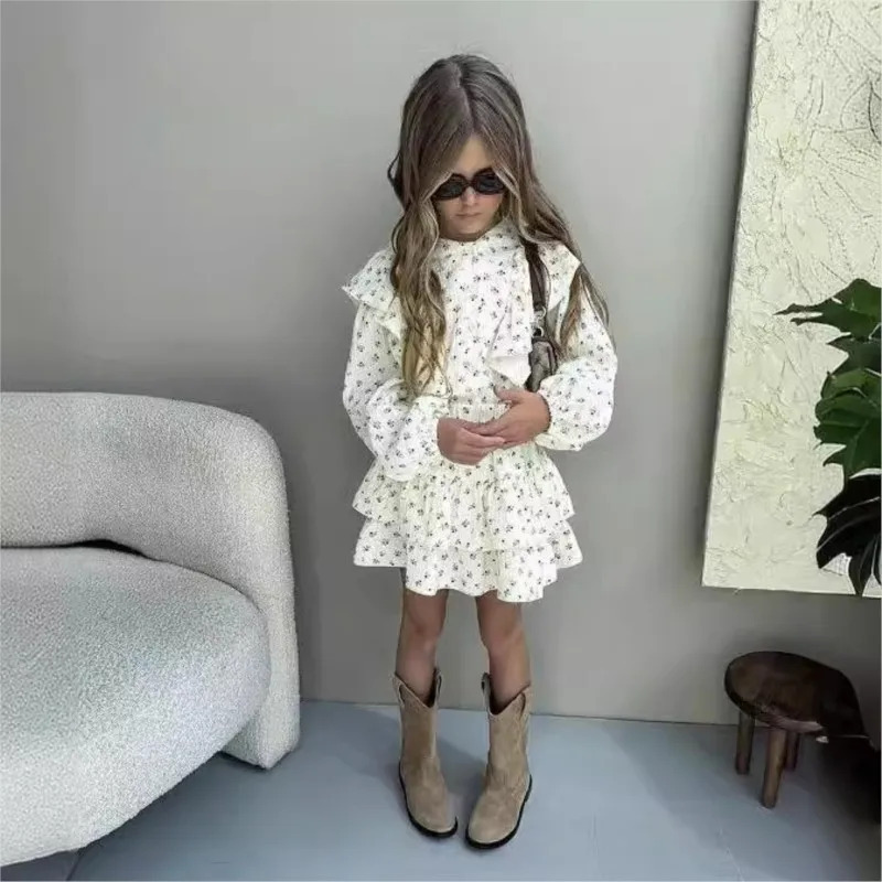Moda chaqaloq qizlar kiyimlari toʻplami gulli koʻylak + qatlamli yubka 2 dona bolalar chaqaloq bluzkasi bahorgi kuz kostyumi Bolalar kiyimlari