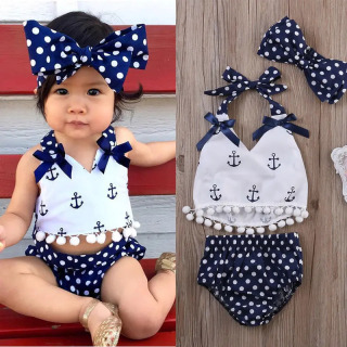 Qizlar uchun 3 qismli liboslar toʻplami Anchor tops koʻylak Polka nuqtali kalta bosh tasma