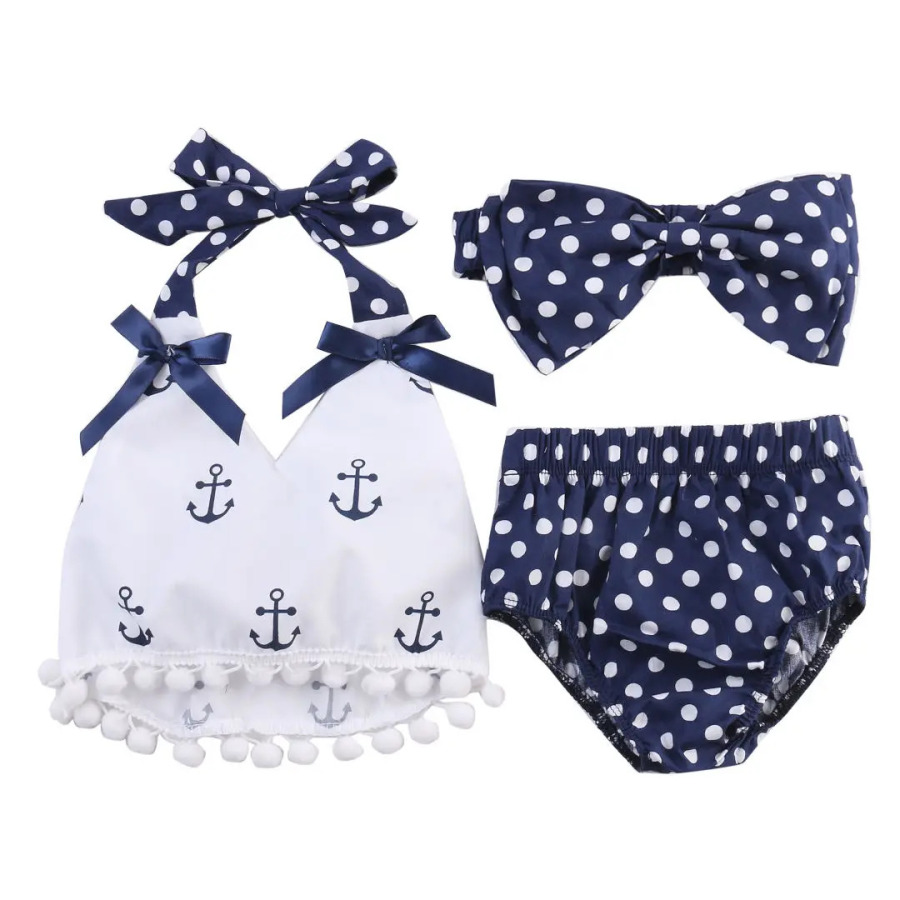 Qizlar uchun 3 qismli liboslar toʻplami Anchor tops koʻylak Polka nuqtali kalta bosh tasma