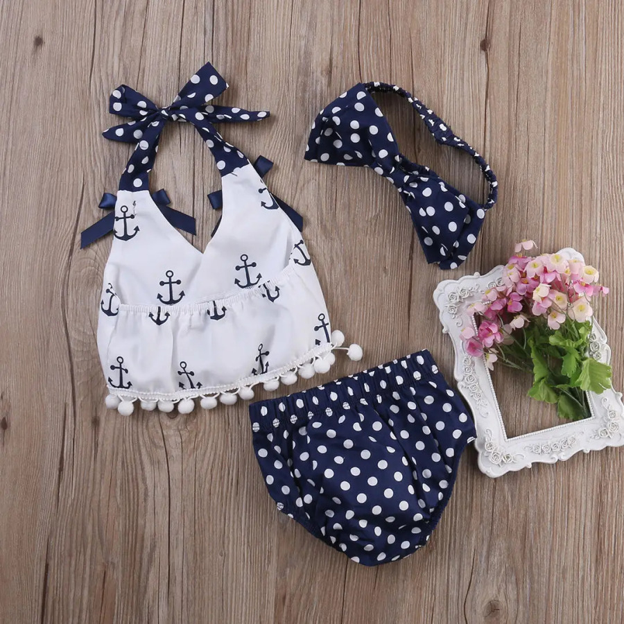 Qizlar uchun 3 qismli liboslar toʻplami Anchor tops koʻylak Polka nuqtali kalta bosh tasma