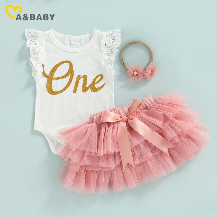 Ma&baby От 0 до 18 месяцев комплект одежды для маленьких девочек на первый день рождения, комбинезон с надписью для новорожденных, тюлевые юбки с рюшами, повязка на голову, летняя одежда