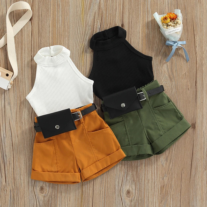 Yangi tugʻilgan chaqaloq qizlar uchun yozgi 3 qismli kiyimlar yengsiz Halter tops shortilar bel sumkasi Bolalar kiyimlari toʻplami