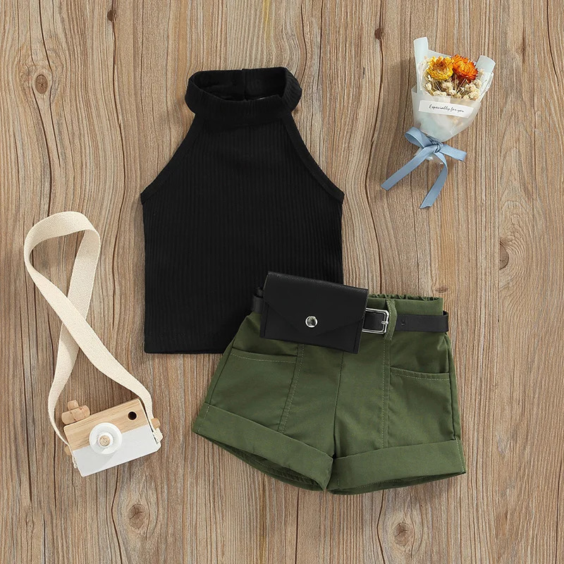 Yangi tugʻilgan chaqaloq qizlar uchun yozgi 3 qismli kiyimlar yengsiz Halter tops shortilar bel sumkasi Bolalar kiyimlari toʻplami