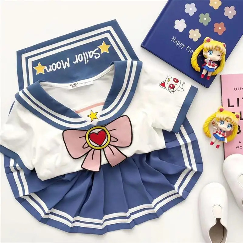 Kichkintoylar uchun kiyim toʻplamlari Yozgi kamon yoʻl-yoʻl toʻplamlari pilili yubkalar kostyumlari Yoqimli Sailor Moon Cosplay partiyasi Bolalar kiyimlari toʻplami