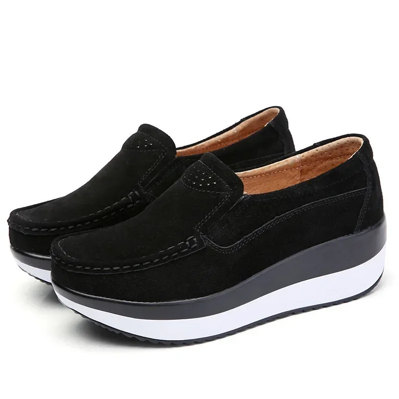 Ayollar uchun tekis platformali poyafzal Yangi ayollar qalin pastki loaferlar zamsh charm poyafzallari Qulay xanjar loaferlar kundalik slip on poyabzal