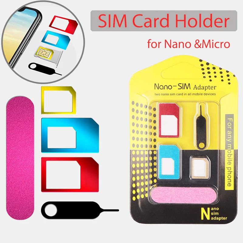 Адаптер Nano Micro Sim 5-в-1, металлический чехол для карты, чехол для карты мобильного телефона, маленький слот для большого карты, восстановитель, стандартная SIM-карта