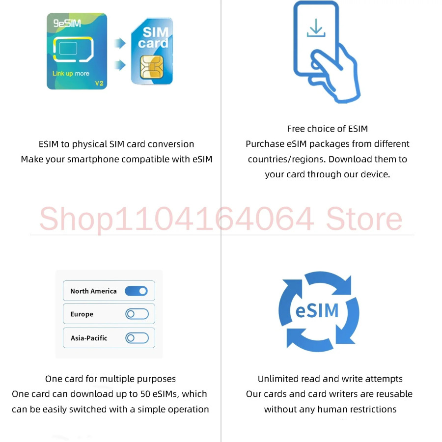 Карта 9eSIM V2 ESIM — физическая карта SIM. Усовершенствованная версия. Поддержка записи мобильных телефонов и компьютеров. Тот же функцию, что и 5 человек.